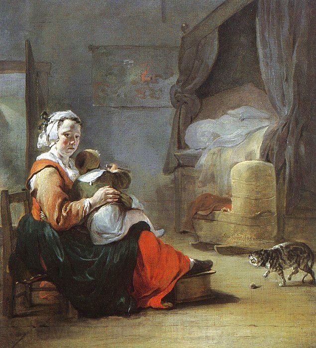Jean Baptiste Weenix Mother Child with Cat Norge oil painting art